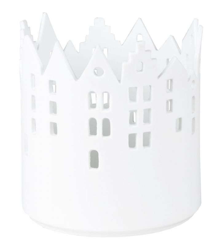 Weißes Stadtlicht Teelichthalter mit Häuser-Silhouette, Räder Design für stimmungsvolle Beleuchtung.